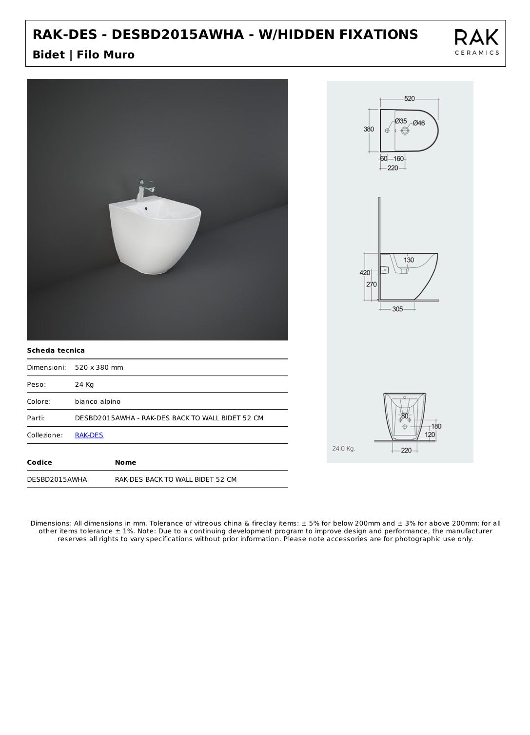 Sanitari RAK serie DES composto da wc bidet e copriwater SOFT-CLOSE