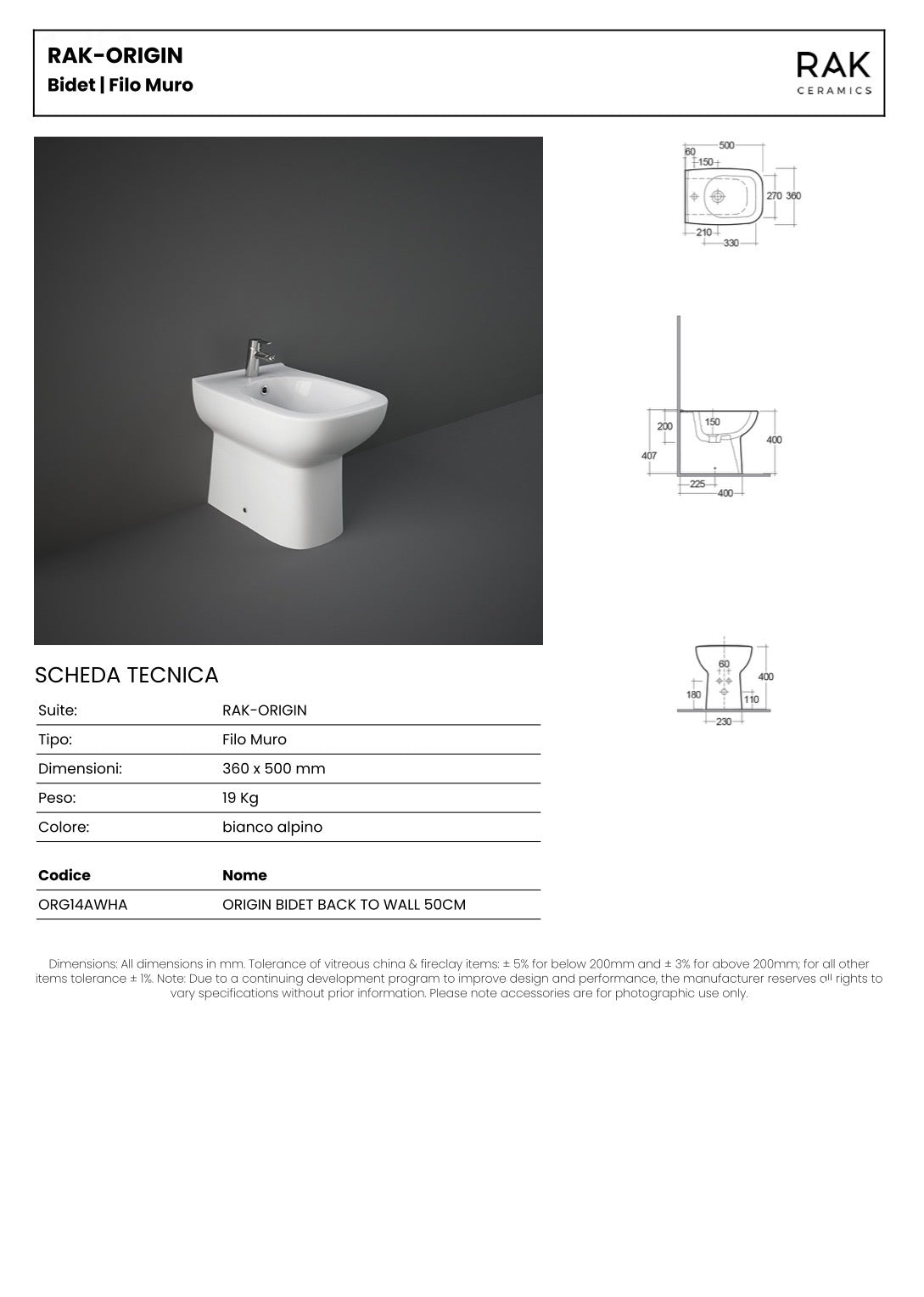 Sanitari RAK serie ORIGIN composto da wc bidet e copriwater SOFT-CLOSE
