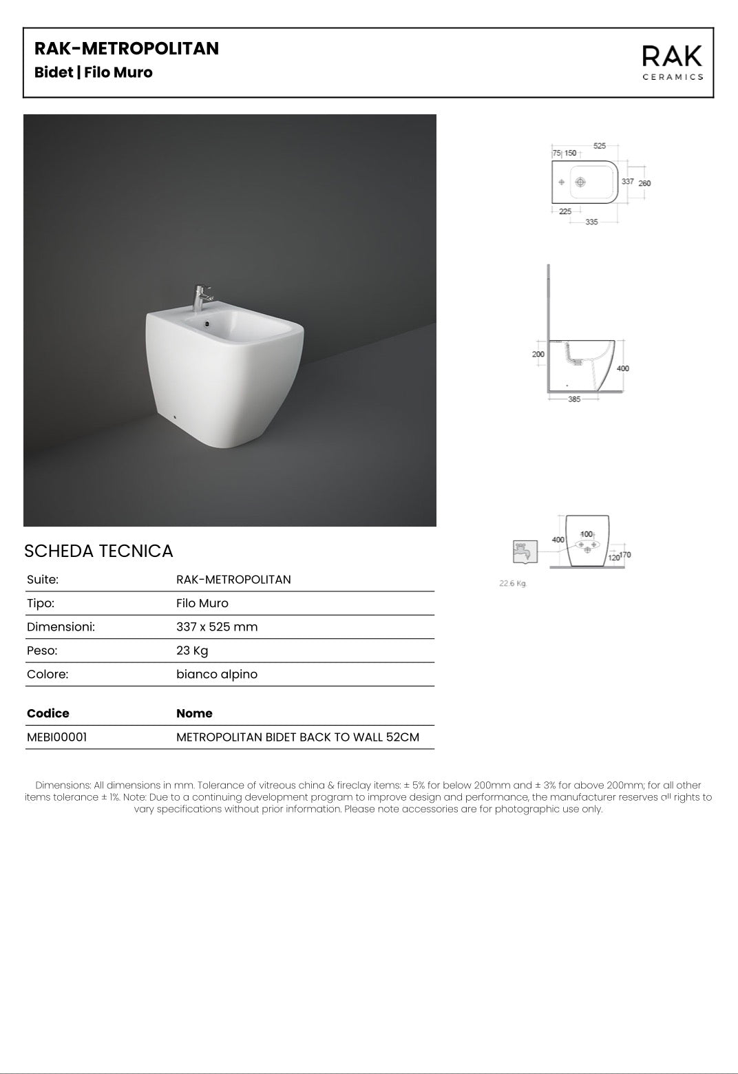 Sanitari RAK serie METROPOLITAN composto da wc bidet e copriwater SOFT-CLOSE