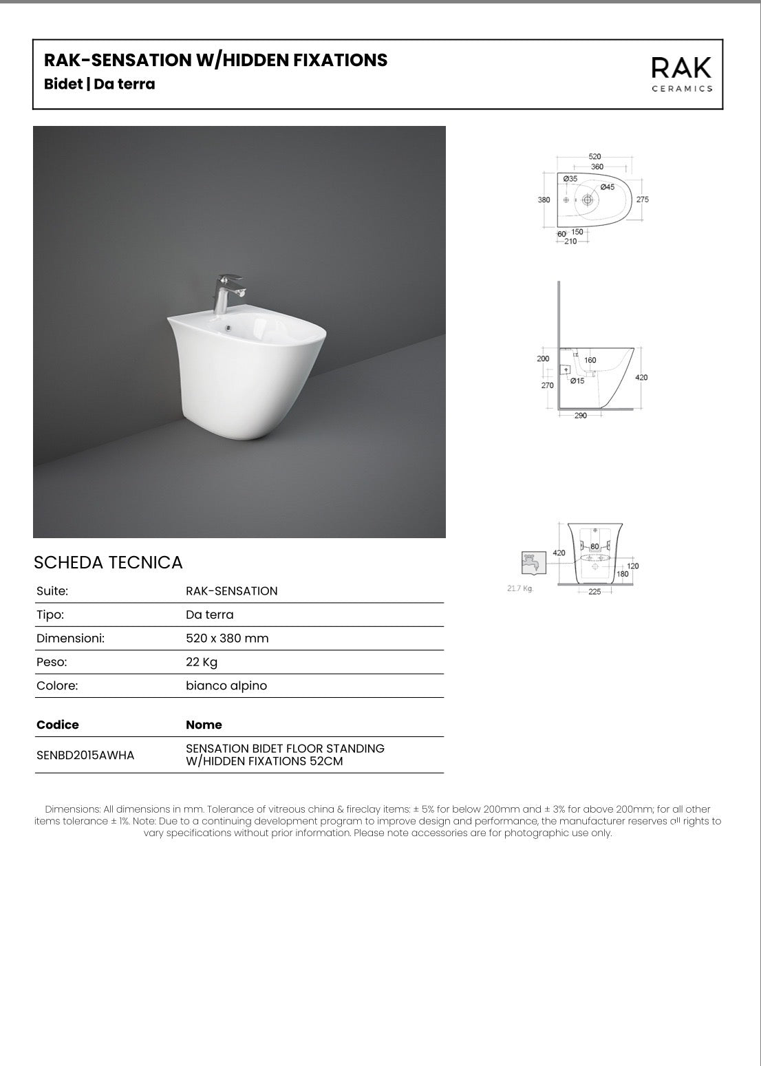 Sanitari RAK serie SENSATION composto da wc bidet e copriwater SOFT-CLOSE