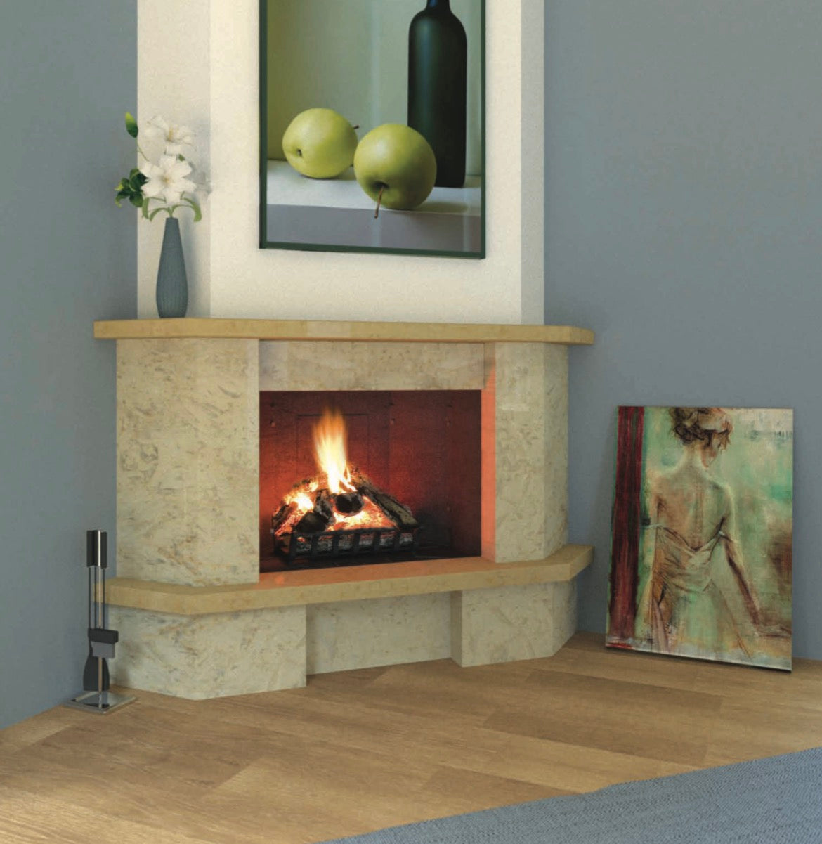 Camino ad angolo Modello PARIGI completo di prefabbricato in refrattario