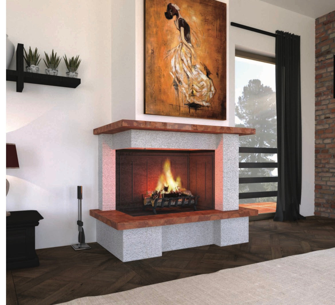 Camino a parete Modello AMSTERDAM completo di prefabbricato in Ghisa