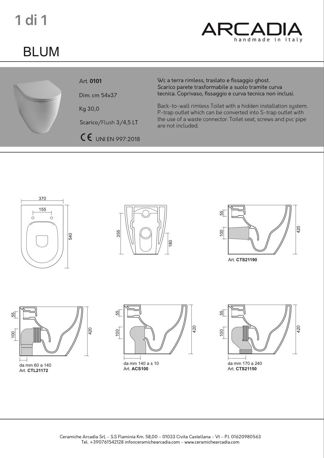 Sanitari ARCADIA serie BLUM composto da wc bidet con piletta click-clack in ceramica e copriwater SOFT-CLOSE