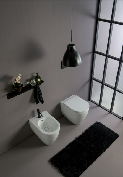 Sanitari ARCADIA serie BLUM composto da wc bidet con piletta click-clack in ceramica e copriwater SOFT-CLOSE
