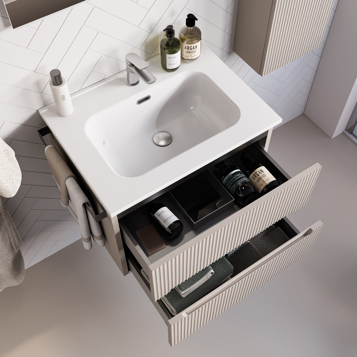 Legnobagno Comp. VERSO 09  Cannettato 60 cm Completa di specchio, lampada Led, Base, lavabo (pensile escluso)