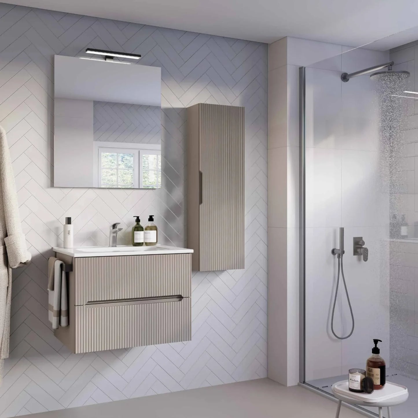 Legnobagno Comp. VERSO 09  Cannettato 60 cm Completa di specchio, lampada Led, Base, lavabo (pensile escluso)