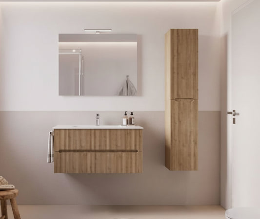 Legnobagno Comp. VERSO 01  Cannettato 90 cm Completa di specchio, lampada Led, Base, lavabo (pensile escluso)